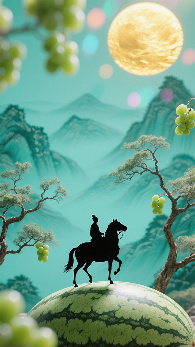 电影海报构图，中式美学风格，背景：青绿色，山水暗纹；画面下方为极小极小的唐朝男子骑马的深色剪影，高高隆起的地面是西瓜皮状质感，画面中穿插青提树的枝干和小青提，上方为模糊的金黄色太阳轮廓，呈现高斯模糊与炫彩光影叠化效果，增强梦幻氛围。