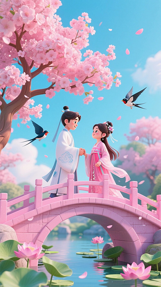 一对身着古装的卡通情侣在粉色拱桥上对视牵手，背景有盛开的粉色花树、2只喜鹊、桥下有荷叶荷花 ，甜蜜浪漫的七夕氛围。