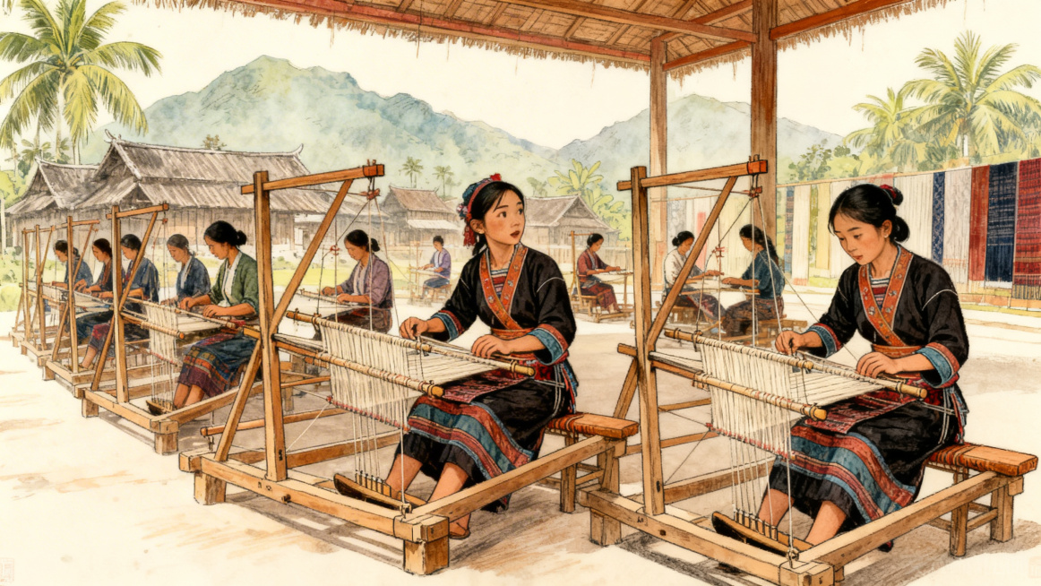 开放式露天黎锦纺织场中，多位黎族织女并排操作传统腰织机，手脚配合默契，正在进行经纬交错的织造工作，整体场面庄重有序，整体色彩风格和参考图保持一致，手绘风格预览效果