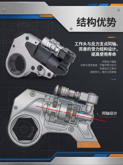 工业电商产品详情页，介绍结构优势，搭配文字"工作头与反力支点同轴，完善的受力结构设计，提高使用寿命"，专业工业风排版，搭配产品剖面示意图展示结构预览效果