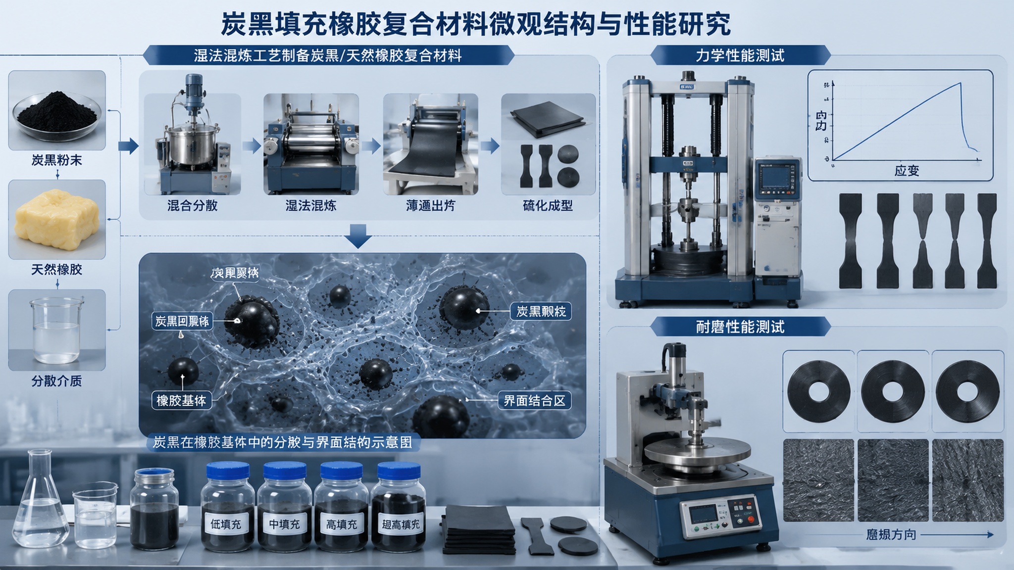 炭黑填充橡胶复合材料科研示意图，画面展示湿法混炼工艺制备的炭黑… - 图片创意预览