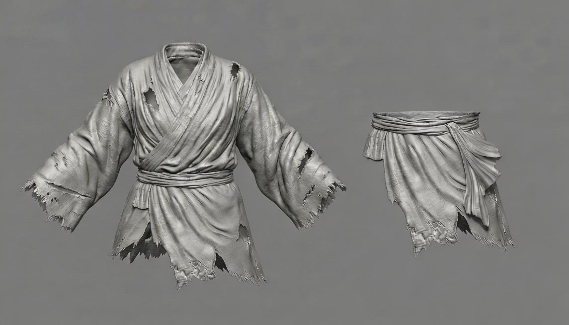 将图中红框里的腰部系带拆开，衣服主体放在左侧，拆开的腰部系带放在右侧，保持原图灰色雕塑质感和破损服饰的效果预览效果