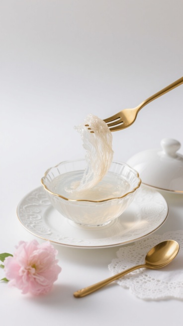 一张燕窝美食摄影，白色背景，中央是一个带金色边缘的透明玻璃碗，碗里盛着清澈的燕窝羹，碗放在一个带花纹的白色瓷盘上，一只金色叉子正从碗中挑起一缕晶莹剔透、富有弹性的燕窝，燕窝丝呈现半透明的光泽，旁边有一朵粉色的花，一个白色的盖子，一块白色的蕾丝布和一个金色的勺子，整体画面干净、优雅、明亮，光线柔和，突出燕窝的细腻质感和纯净感，营造出高端、滋补、精致的氛围。预览效果