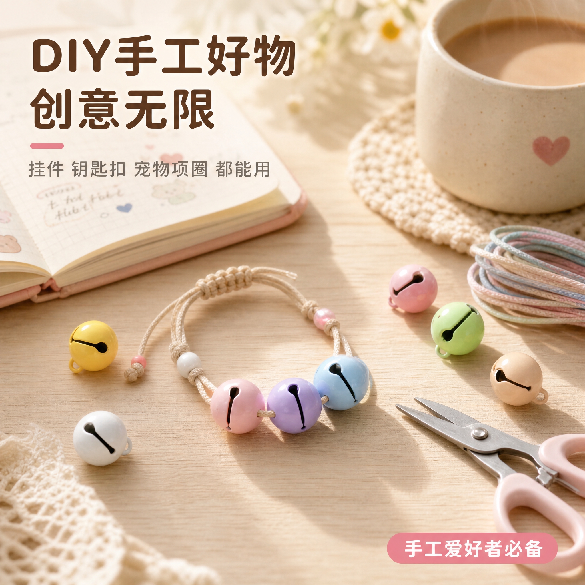 [主图-4] 成品效果与使用场景，展示铃铛作为DIY手工配件的… - 图片创意预览