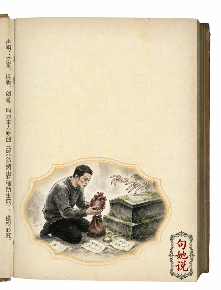 将第二张参考图（男子捧心脏、骷髅手、石棺的水墨插画）完整嵌入到… - 图片创意预览