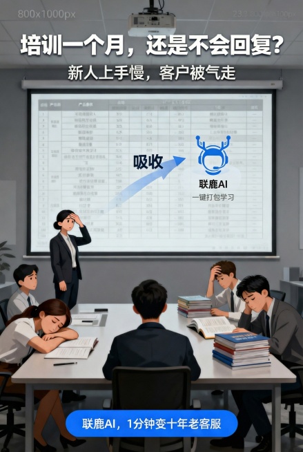 将图片上投影幕布右侧原蓝色机器人形象替换为用户提供的联鹿AI蓝色图标形象，保留原画面其他所有内容不变，修改投影幕布下方文字为第一行“联鹿AI”，第二行“一键打包学习”，整体保持培训低效的灰暗氛围。预览效果