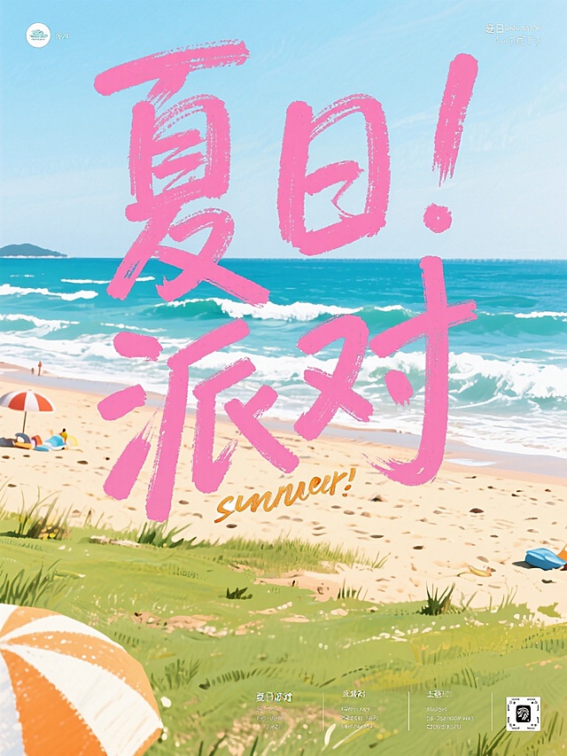 水彩风插画，清新海滩背景，大字“夏日派对”突出，营造清爽舒适感。