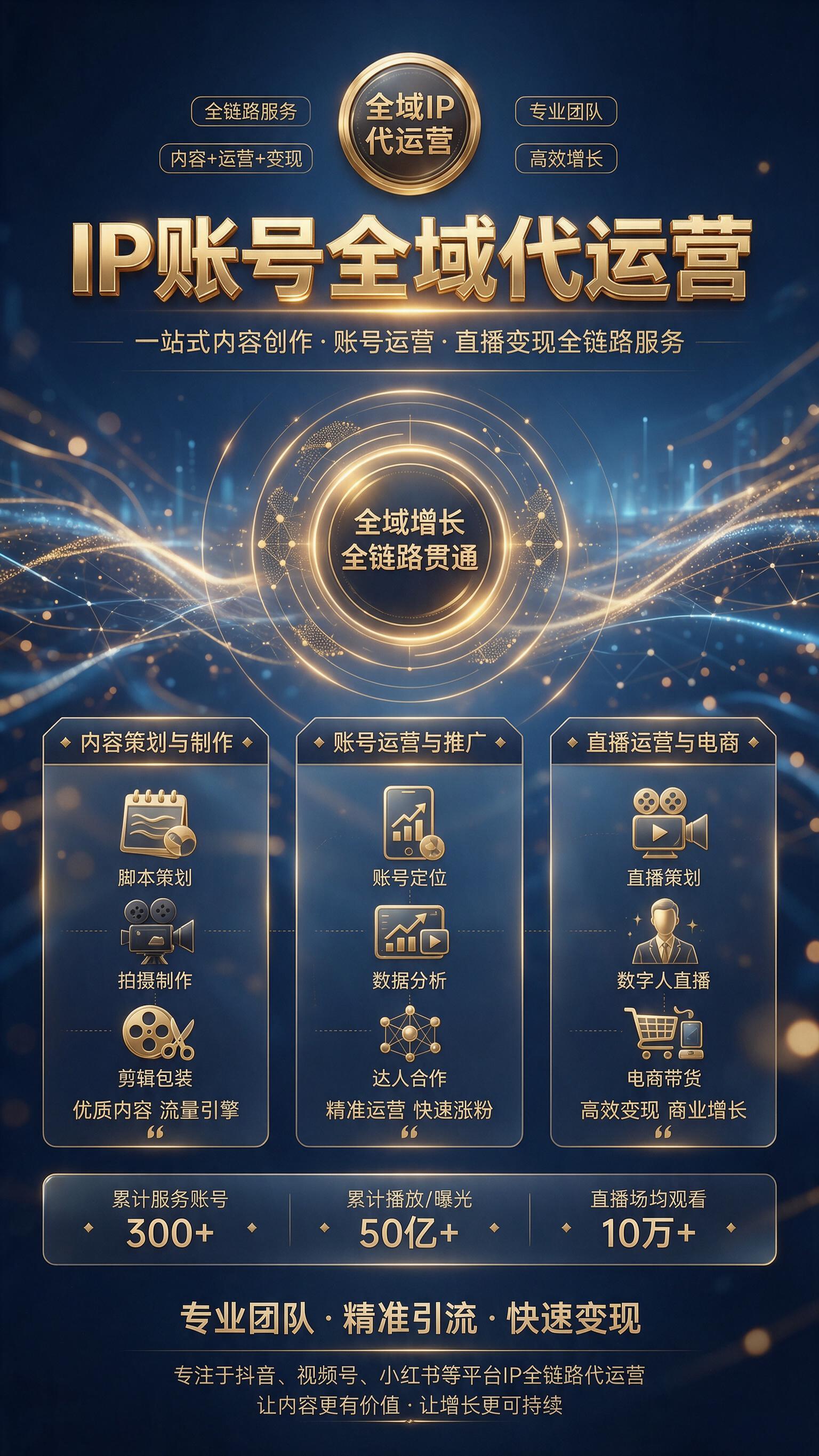 一张高端商务风格的全域IP代运营服务宣传海报，9:16竖版，2… - 图片创意预览