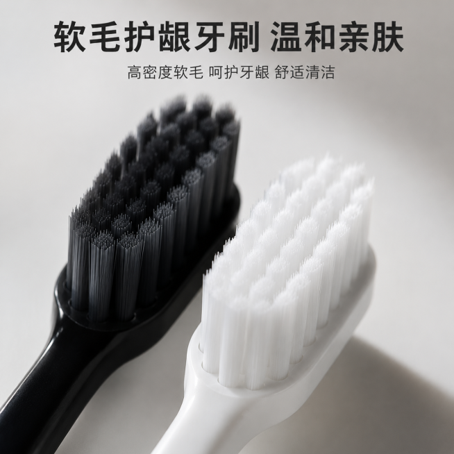 [主图-3] 牙刷软毛细节材质特写展示
[氛围风格] 微距特写，突出产品品质细节
[画质] 商业摄影质感，超高清微距细节，光线通透，质感真实
[元素] 特写展示黑白两款牙刷的软毛部分，放大呈现软毛细节预览效果