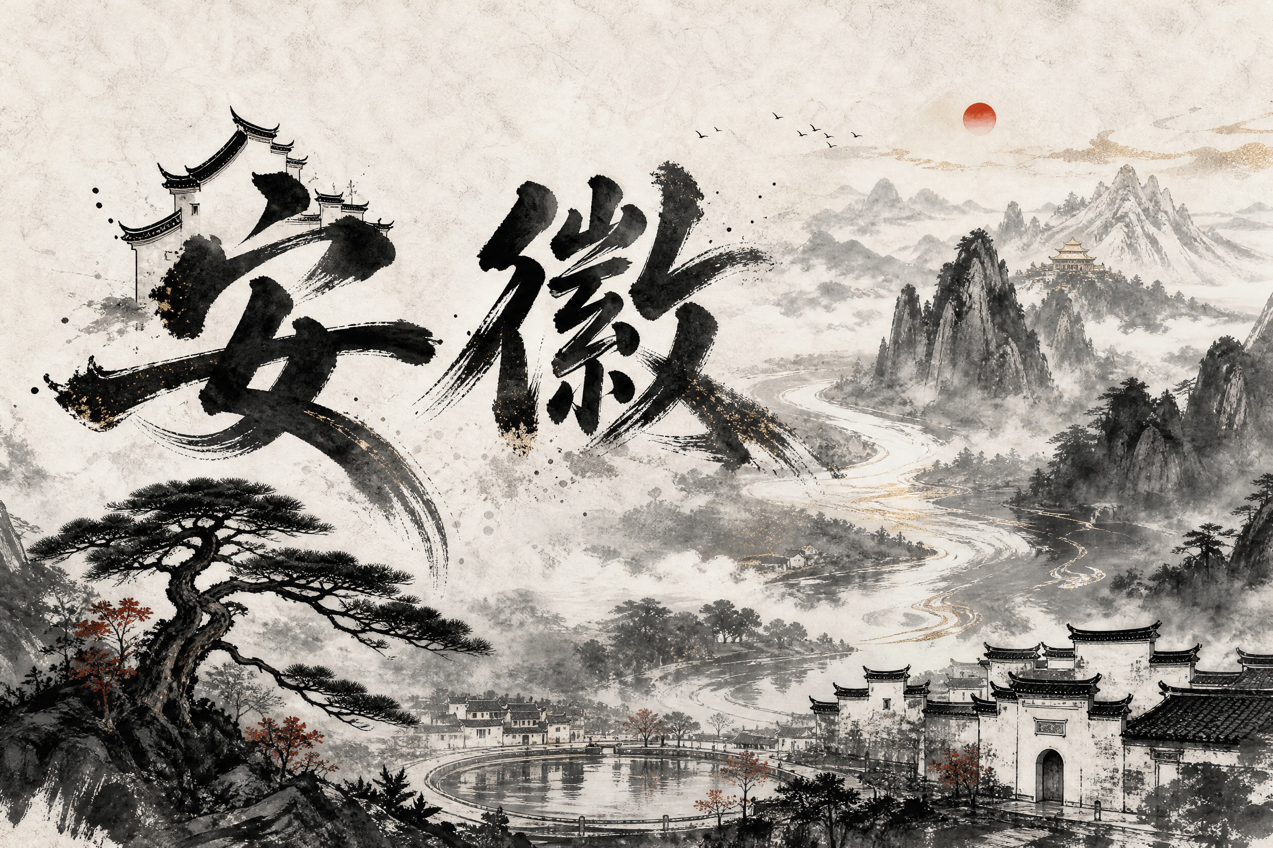 安徽省水墨风海报，横版宽幅3:2构图，宣纸纹理背景，东方美学，… - 图片创意预览