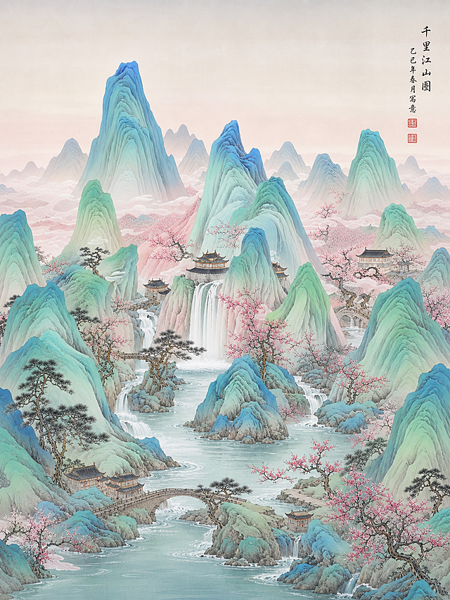 参考原图工笔重彩千里江山图风格，生成完整的青绿山水国画，包含山峰、桃花、古建、瀑布，保留原图的国风淡雅配色和层次感