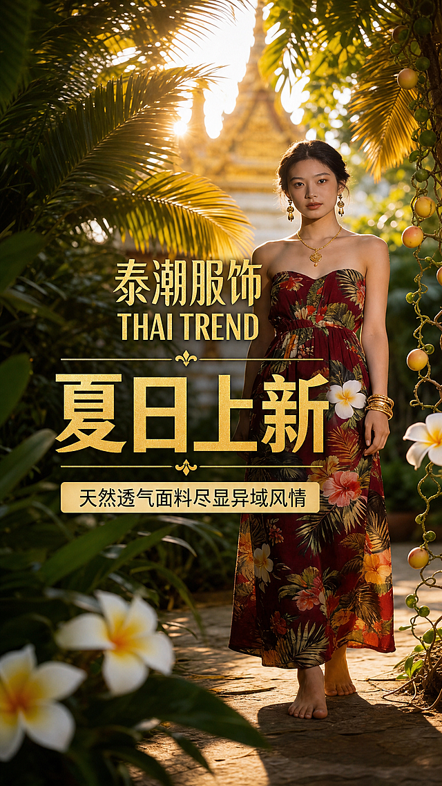 使用泰潮服饰夏日上新泰式海报图，适配为抖音9:16竖版封面，保持泰潮品牌配色金色+暗红+白色不变，将重要文案内容放在中间1/2区域，避开顶部和底部遮挡区域，保留所有文案内容：泰潮服饰THAI TREND、夏日上新、天然透气面料尽显异域风情。背景保留热带植物和泰国寺庙场景，保持自然光影氛围。