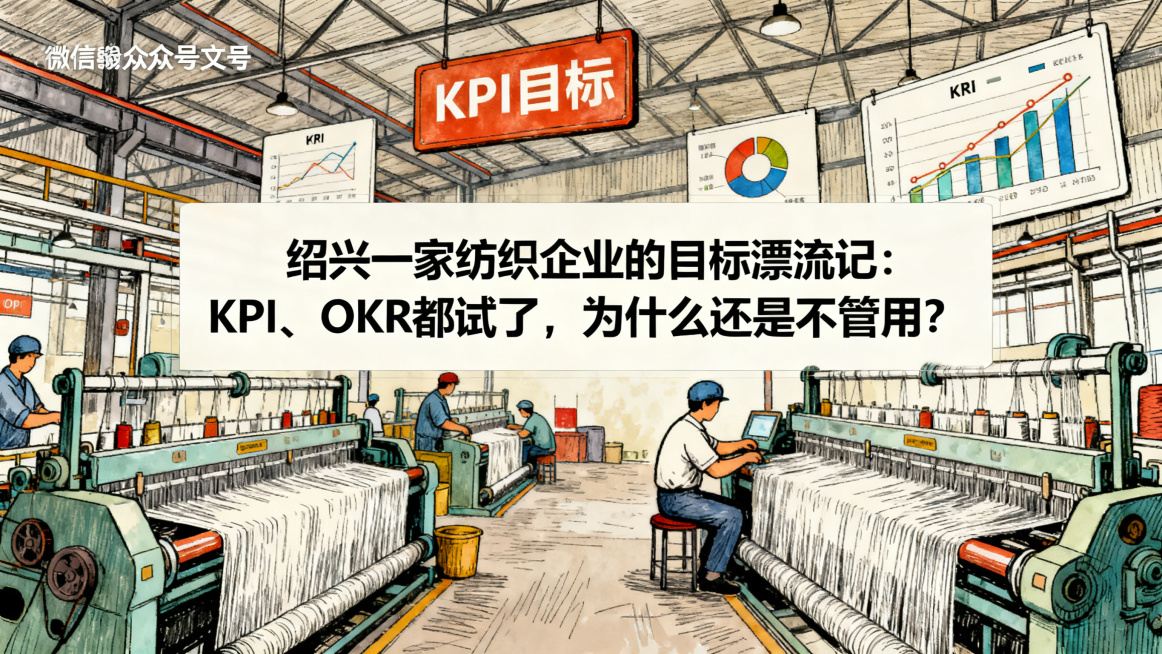 微信公众号文章封面图，主题是：绍兴一家纺织企业的目标漂流记：KPI、OKR都试了，为什么还是不管用？商业手绘插画风格，简约商务预览效果