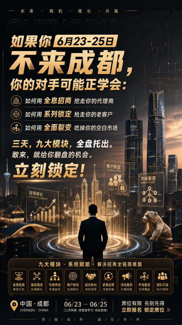 商业招商会议宣传海报，现代商务风格，主标题文案："如果你6月23-25日不来成都，你的对手可能正学会：如何用全息招商挖走你的代理商，如何用系列锁定抢走你的老客户，如何用全面裂变吃掉你的空白市场。三天，预览效果