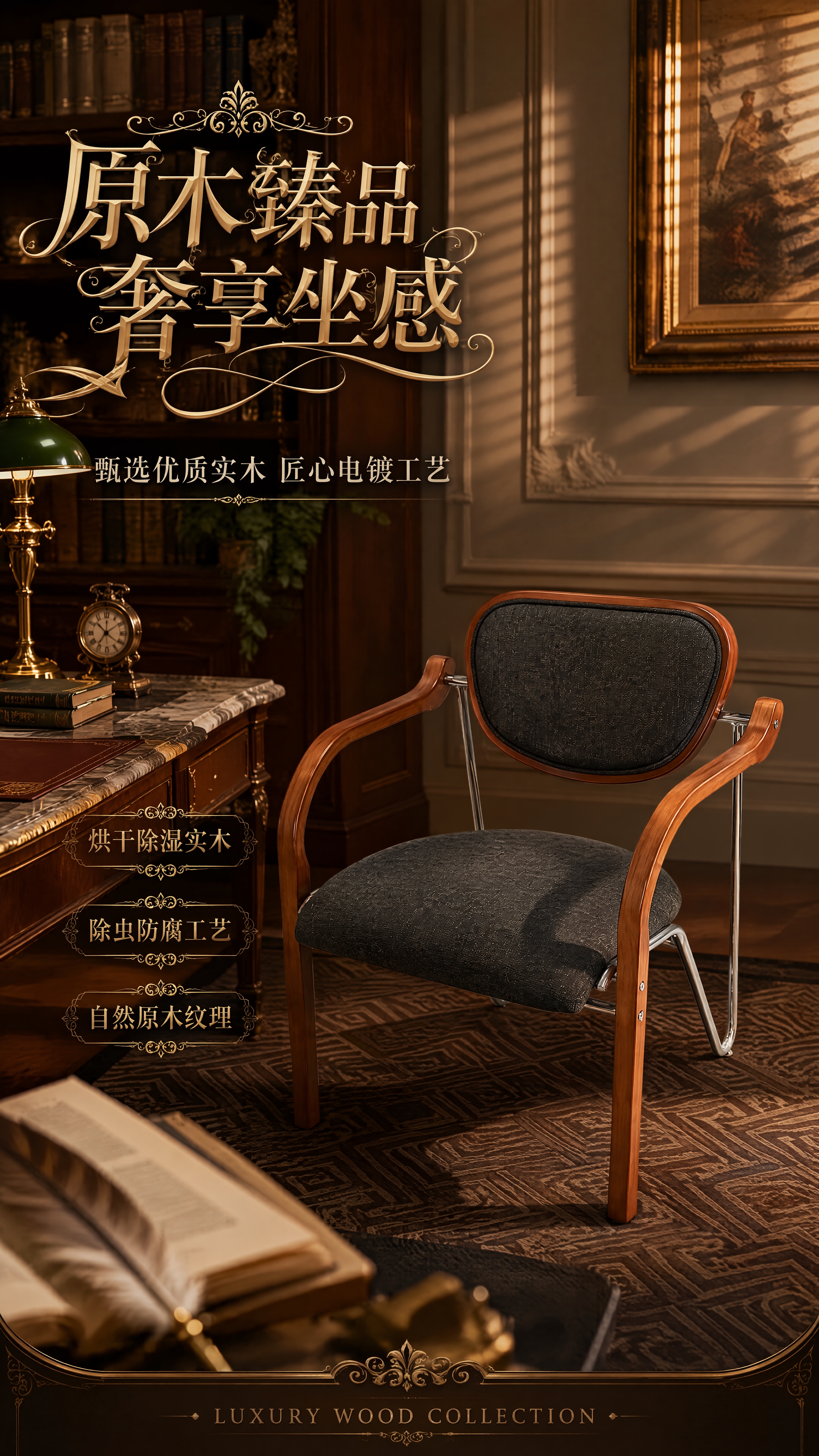 [第1张] 详情页头图-实木电镀扶手休闲椅奢华主视觉海报。本张… - 图片创意预览