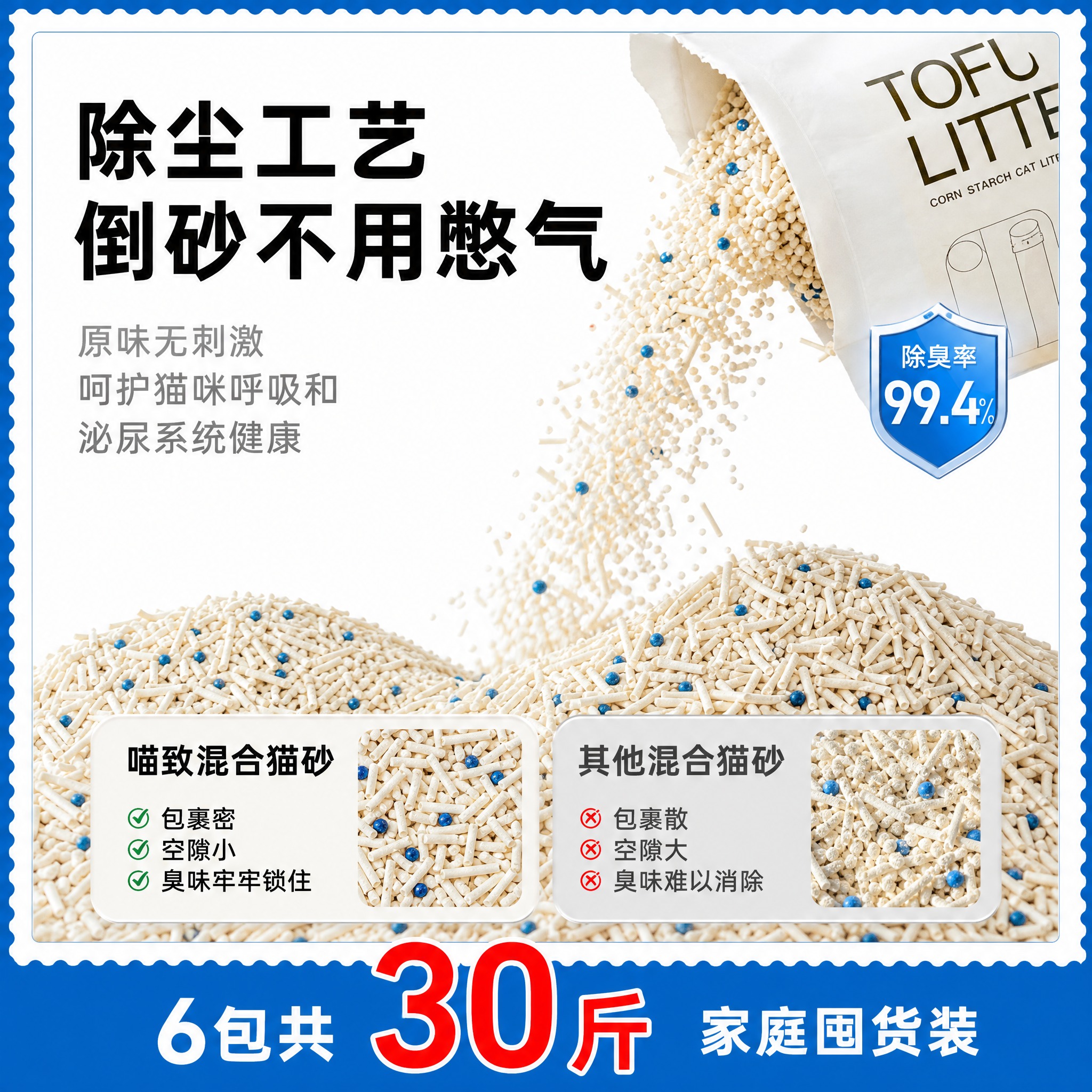 [主图-3 不带顺丰] 喵致豆腐混合猫砂 低尘卖点主图，带波浪… - 图片创意预览