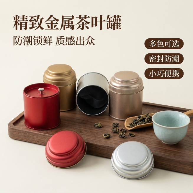 金属茶叶罐，红金银香槟金四色可选，放置在中式茶桌茶盘上，旁边点缀干茶叶与青瓷茶杯，浅米白素雅背景，柔和自然光凸显金属质感，整体风格复古简约高级。左上角配文字“精致金属茶叶罐”，副标题“防潮锁鲜 质感出预览效果
