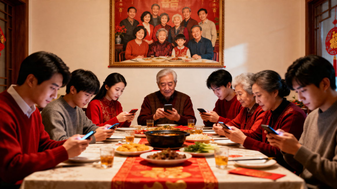 一张对比强烈的横版照片，前景是节日里一大家人围坐餐桌，几乎所有人都低头看着手中的手机屏幕，背景墙上悬挂着一张充满温馨氛围感的旧全家福照片，照片上有一大家子多位家庭成员，整体画面生动诠释数字时代的疏离，预览效果