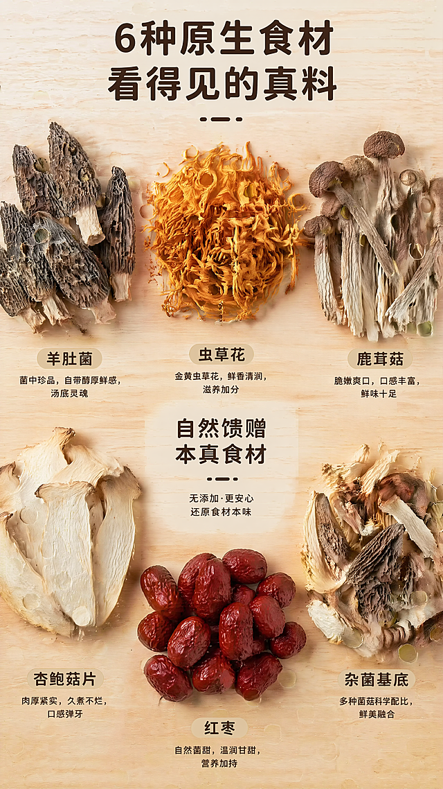 [第2屏] 成分展示专屏-6种原生食材详解。本屏使用【图7】作为原料实拍基础图。[氛围/风格] 原料微距平铺型，高清商业摄影，强调食材完整性与天然质感。[元素布局] 画面满铺6类原料：羊肚菌（左上）、虫草花（中上）、鹿茸菇（右上）、杏鲍菇片（左下）、红枣（中下）、杂菌基底（右下），每类占屏约15%-20%，清晰可辨；中央留白处插入简短说明文字；背景为浅木纹台面。[光影质感] 均匀顶光+侧辅光，突出菌菇褶皱、红枣表皮纹理与虫草花丝状结构；无过曝或阴影过重。[配色色系] 底色 #F8F5F0；主色：菌类灰褐、红枣深红、虫草金黄；辅助色：木纹浅棕. [视角构图] 正俯视，6类原料呈环形/网格分布; 阅读动线从左上→右下顺时针引导。[文字版式] 每类原料下方标注名称+1句核心优势（如「羊肚菌：菌中珍品，自带醇厚鲜感，汤底灵魂」），字体统一为圆角黑体，字号适中；顶部加标题「6种原生食材 看得见的真料」。[比例分辨率] 9:16，4K。[负向提示词] 碎渣混入、硫磺熏染痕迹、颜色失真、文字过小、排列混乱、包装文字错乱。