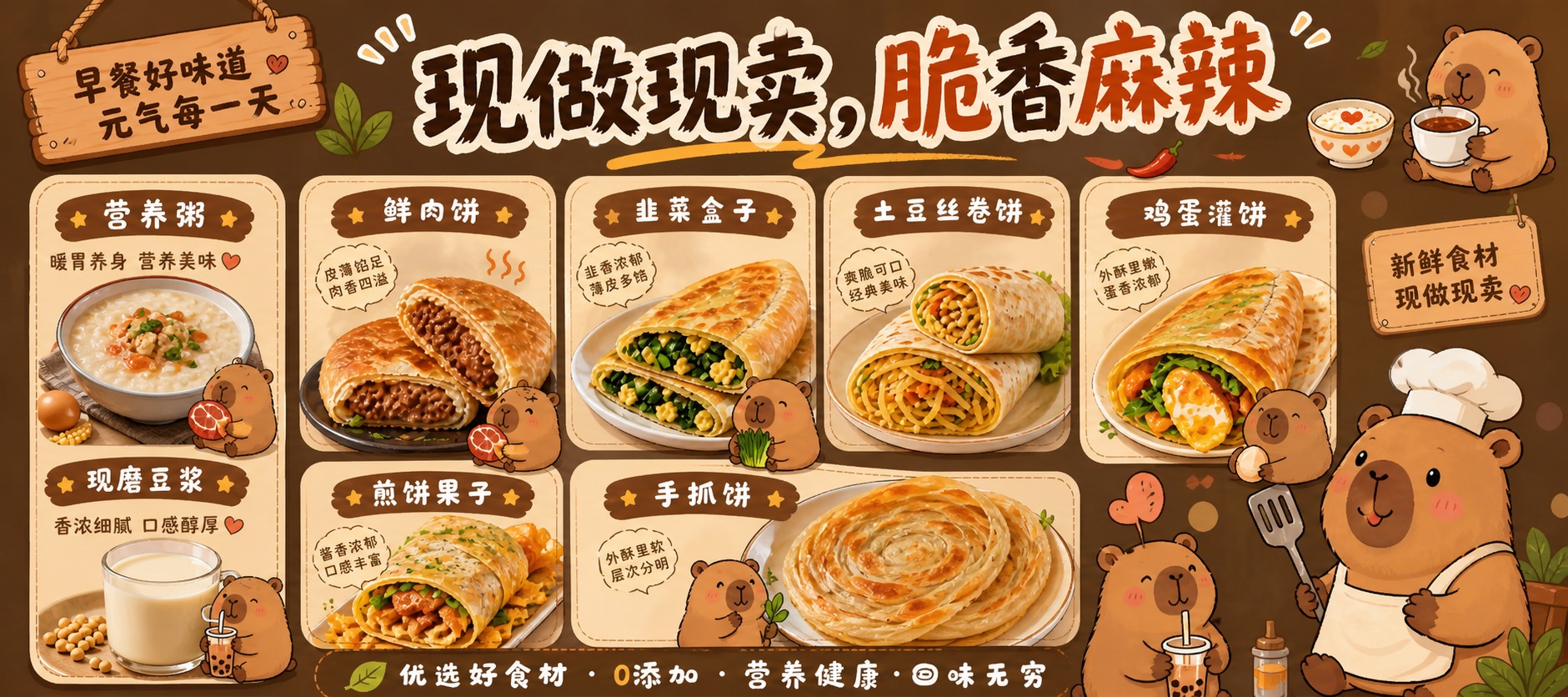 参考图的卡皮巴拉卡通手绘风格，咖色底色，180x80横版早餐店… - 图片创意预览