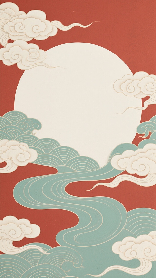 中国传统国风背景，改变原红色调为以淡雅青绿色为主，搭配米白色祥云，大面积留白的构图，画面中装饰有传统云纹和水波纹图案，线条流畅细腻，具有古典雅致的韵味，整体风格清新淡雅，留白处营造出空灵悠远的意境，青绿色与米白色形成和谐的色彩搭配，传统纹样在留白的衬托下更显精致，具有浓厚的东方美学气息。