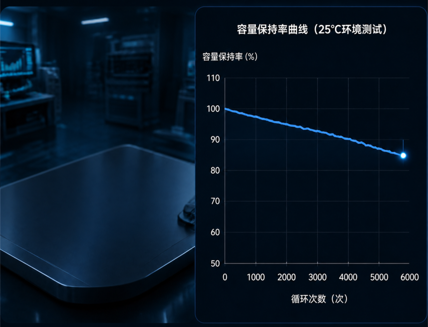 去除图中的两个蓝色电池产品，保留原图右侧容量保持率曲线图和深蓝色科技背景，保留整体构图和风格不变预览效果