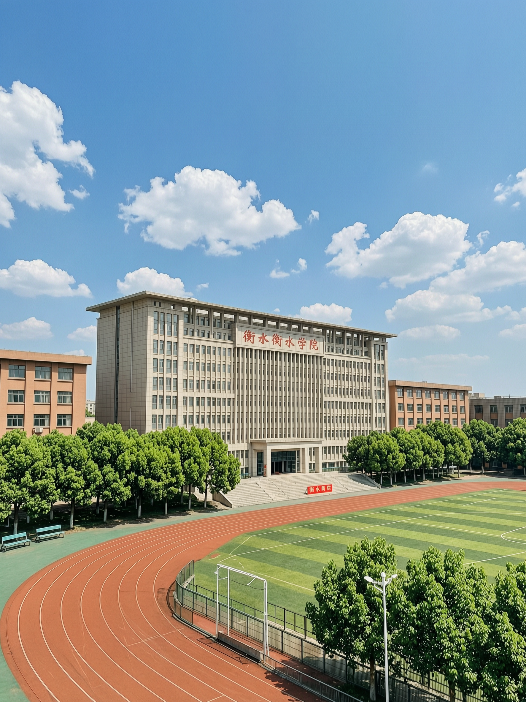衡水高中校园场景，宏伟的教学楼建筑，蓝天白云下的校园风光，操场… - 图片创意预览