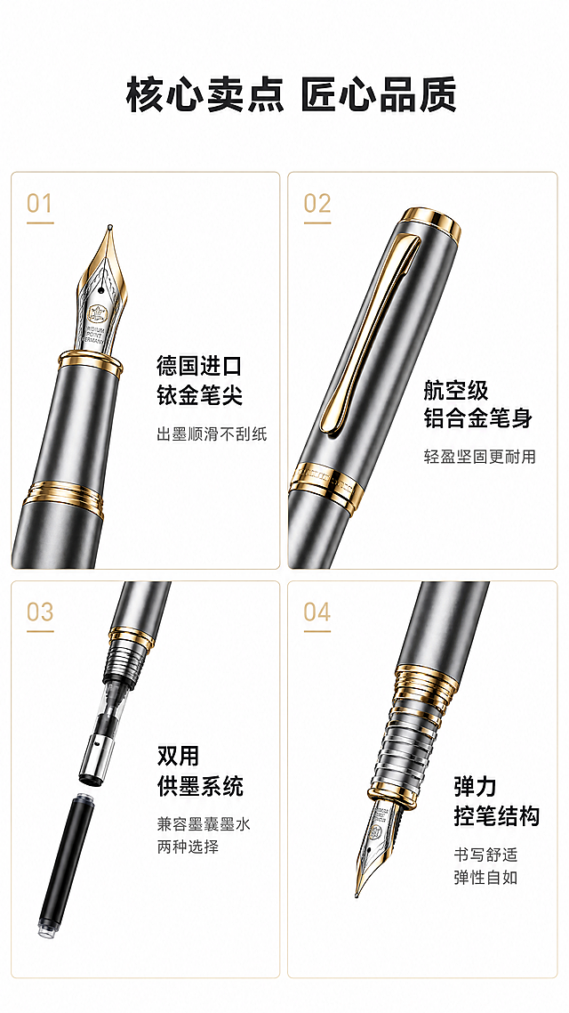 使用商品详情页技能根据商品图「图片1」「图片1」「图片1」生成1套详情页，参考图为「图片1」「图片1」「图片1」「图片1」「图片1」「图片1」，商品名称为德瑞，卖点为德国进口铱金笔尖，航空级铝合金笔身，双用供墨系统，弹力控笔结构，，适配平台为淘宝/天猫，图片比例为9:16，需求屏数为8张，其他要求为