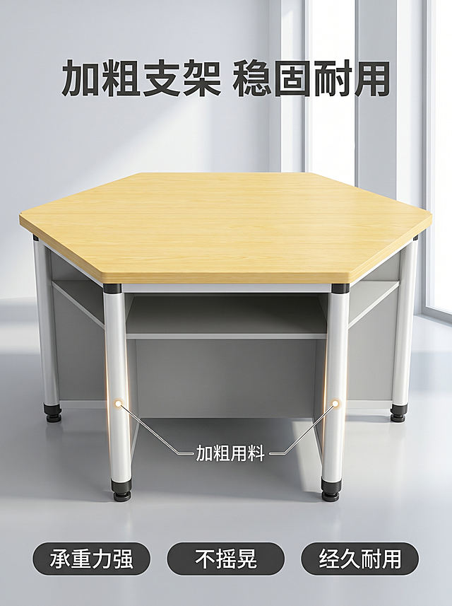 [主图 2] 结构与稳固性展示-铝木六边形桌
[氛围风格] 现代简约办公教育场景，专业品质感，统一光影风格
[画质] 商业摄影质感、光线柔和通透、产品清晰真实、画面干净高级
[元素] 铝木六边形桌整体放置在现代空间中，对桌腿支撑结构进行重点展示。产品保持浅黄色实木桌面搭配白色加粗铝合金支架，下方灰色置物层。在桌腿处以带光点的细线引线标注加粗用料。保持产品外观（物理结构、材质质感、颜色）与输入产品图绝对一致，杜绝任何变形和色差，精细化处理。商品主体占比严格控制在70%左右，画面满屏无边框。背景与主图1保持同一空间风格，光影方向一致
[光影] 侧向窗光为主光，与主图1光影一致，桌面木质纹理高光清晰，金属支架有适度反光，整体明亮通透
[配色] 主色调浅黄桌面、白色支架，搭配浅灰空间背景，整体干净清爽，和主图1配色统一
[视角构图] 低角度侧视，聚焦桌腿支撑结构，景深适中
[文字版式] 顶部居中大字主文案“加粗支架 稳固耐用”，深灰色粗体；底部排列三个圆角胶囊标签：“承重力强” “不摇晃” “经久耐用”，每个标签白字深灰底，均匀分布
[比例分辨率] 3:4比例，2k分辨率，文字清晰锐利，超高清
[负向提示词] 变形，水印，文字错乱，产品图模糊，背景杂乱，偏色