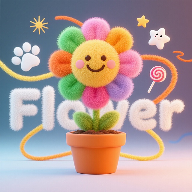 主体是一朵超级大的向日葵，种在橙色的花盆里。笑脸（五彩缤纷的花瓣）周围有粉色，绿色，橘色，明黄色线条环绕装饰，可爱的白色爪印，星星，棒棒糖，放射毛绒线装饰，冷色渐变背景，背景重叠白色毛绒字：“Flower”