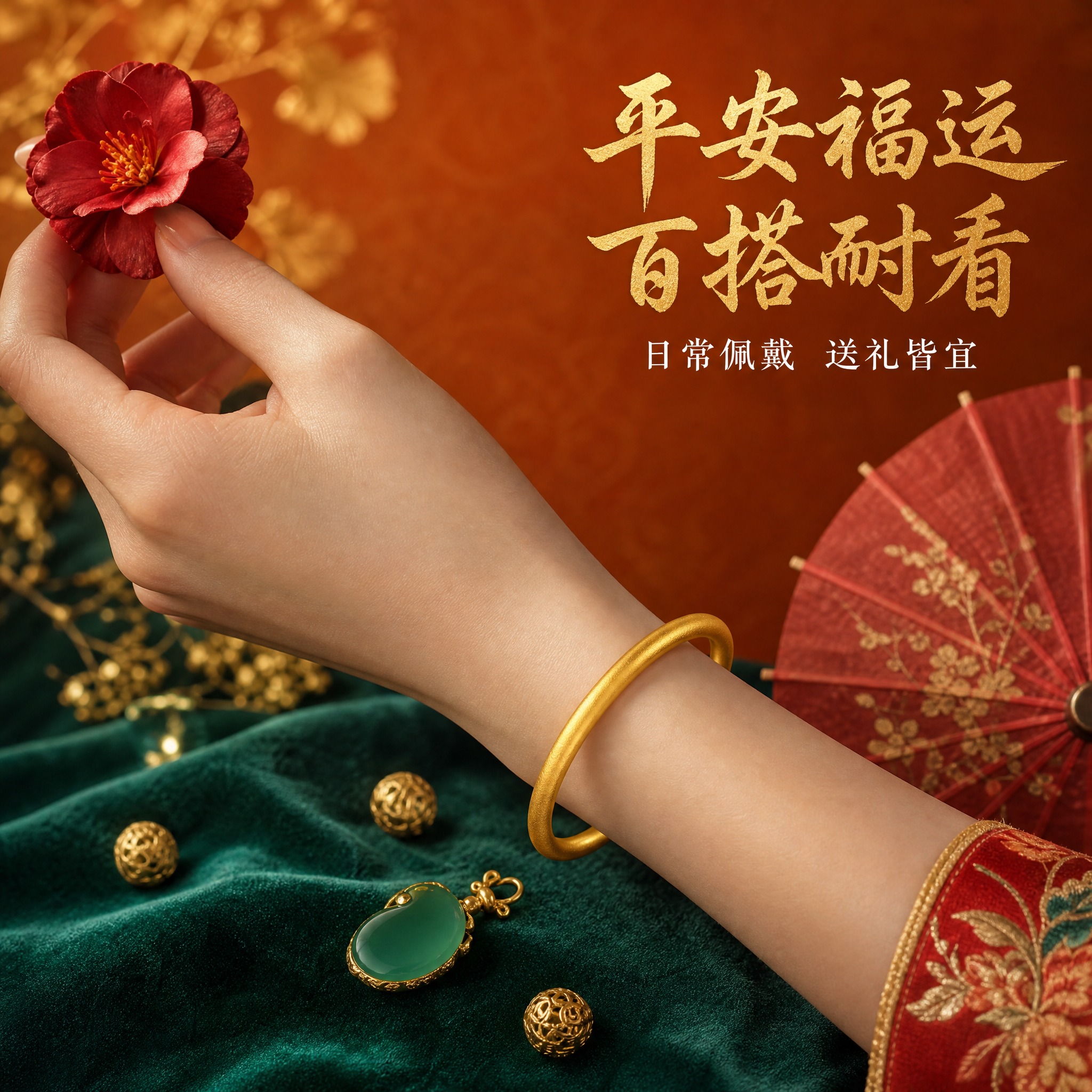 [主图-3] 古法平安福运手镯佩戴展示图，增加国风周边饰物点缀… - 图片创意预览
