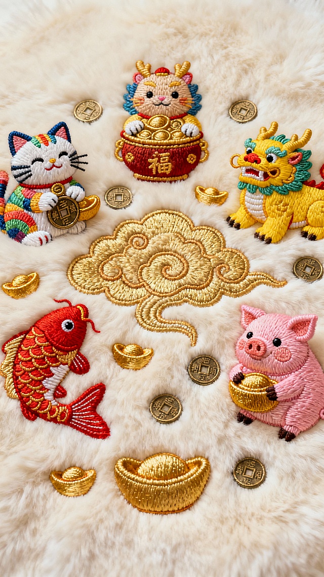 一幅以暴富发财为主题的毛绒质感刺绣风格图像，画面主体为多种不同颜色的吉祥动物——金色元宝旁的彩色招财猫、衔着铜钱的红色锦鲤、驮着聚宝盆的黄色貔貅、抱着金锭的粉色小猪，它们围绕着中央立体刺绣的金色祥云和散落的铜钱、金元宝，背景是纯净的米白色毛绒材质，整体保持细腻的刺绣纹理和温暖柔和的光影效果，色彩鲜艳明快，充满喜庆富贵的氛围，无任何文字元素。