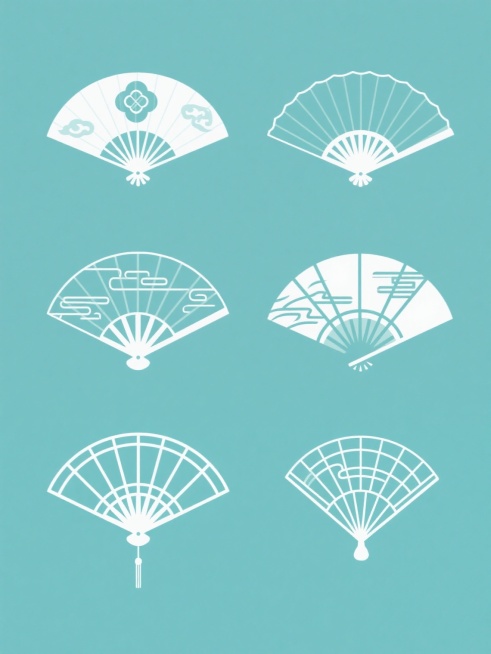 纯色背景，六个不同造型、不同形状、不同样式的扇子素材集合规整排布，保持中国风传统扇子元素，每个扇子都有独特的扇面图案和扇骨设计，线条简洁流畅，扁平化风格，整体色彩变换为清新的蓝绿色调，单个扇子独立展示，背景透明，适合作为设计素材使用预览效果