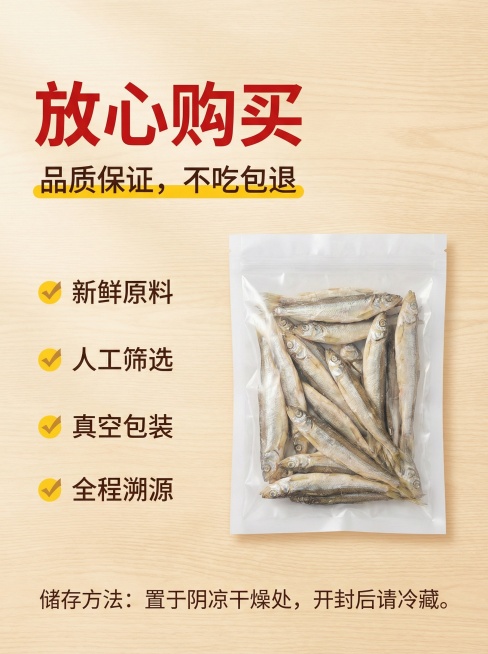 冻干多春鱼猫零食详情第七屏（收尾屏），主题为售后承诺，延续红黄配色风格。画面背景为温暖浅木纹，主体放置一袋完整的冻干多春鱼产品在画面居中偏右位置。左侧上方主标题红色加粗写着"放心购买"，副标题黄色文字预览效果