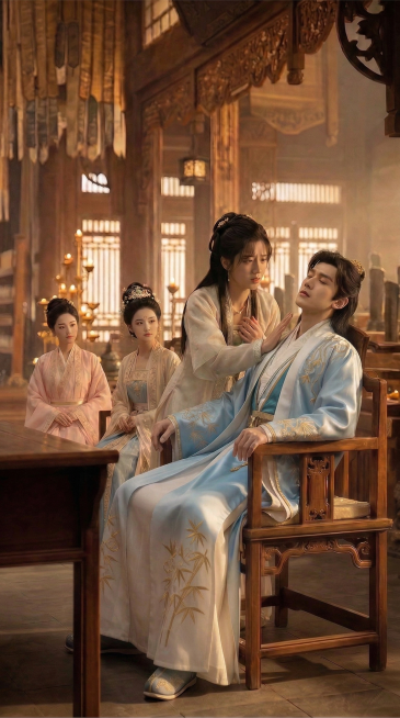 将图中坐在椅子上的男子的衣服替换为图二男子的浅蓝渐变金色竹叶刺绣古风长袍，其他人物和场景保持不变，整体风格和原图一致，光影自然预览效果