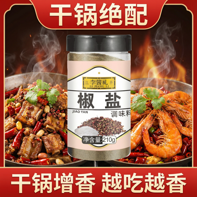 这张图片中的产品是椒盐调味料，我在拼多多卖这款产品，请帮我设计20张拼多多主图
主图文案要求：配料干净，咸淡适中，净含量210g，做菜口感味道好，烧烤撒料，火锅蘸料，油炸搭档，粉质细腻，海鲜/干锅/炒预览效果