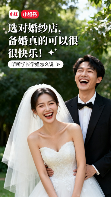 小红书婚纱店宣传封面，选取一对大笑有感染力的新人合影，主标题文字"选对婚纱店，备婚真的可以很快乐！✨"，副标题文字"听听学长学姐怎么说 ➡️"，高甜情绪感染风格，竖版适合小红书预览效果