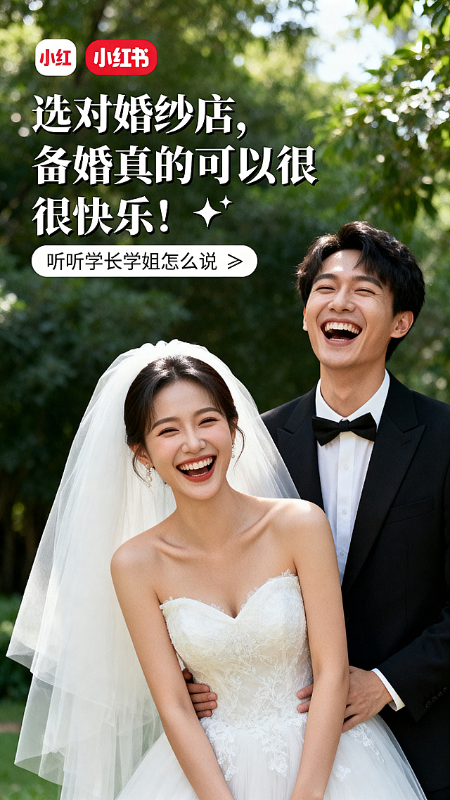 小红书婚纱店宣传封面，选取一对大笑有感染力的新人合影，主标题文字"选对婚纱店，备婚真的可以很快乐！✨"，副标题文字"听听学长学姐怎么说 ➡️"，高甜情绪感染风格，竖版适合小红书