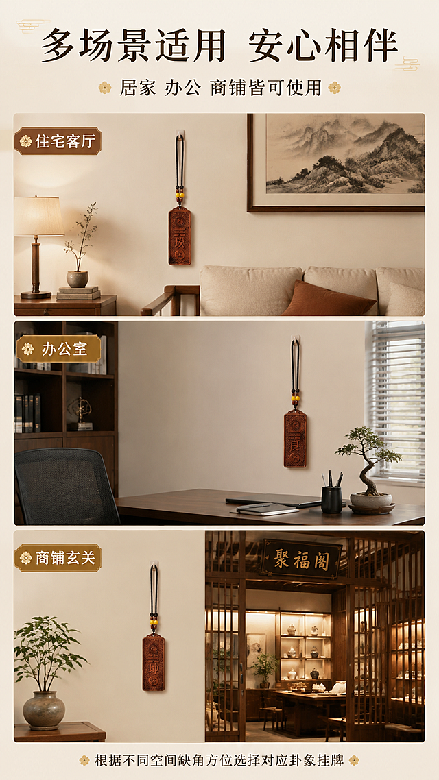 [第13张] 详情页适用场景-多场景适用展示。本张使用【图7】作为居家悬挂场景参考。
[氛围/风格] 新中式生活方式风，多场景拼图，温馨雅致，代入感强。
[元素布局] 画面采用三格拼图形式，分别展示三个场景：上格为居家客厅墙面悬挂场景，中格为办公室墙面悬挂场景，下格为商铺玄关悬挂场景；每个场景中都有木质补角牌挂在对应方位墙面上；左侧或顶部留标题区。
[光影质感] 各场景均为柔和室内光，温馨自然，挂牌清晰可见，整体氛围统一协调。
[配色色系] 全局底色 #F5EFE0 浅米黄；主色 #8B4513 深棕木色；辅助色 #D4AF37 金色、#333333 黑色文字；各场景保持暖色调统一。
[视角构图] 三格竖向拼图，每格一个场景，阅读动线从上到下依次浏览三个场景。
[文字版式] 顶部大标题「多场景适用 安心相伴」，副标题「居家 办公 商铺皆可使用」；每格场景下方标注场景名称：「住宅客厅」「办公室」「商铺玄关」；底部小字说明：根据不同空间缺角方位选择对应卦象挂牌；文字清晰易读，移动端友好。
[比例分辨率] 9:16 竖版比例，2K分辨率，文字清晰可辨，高清画质。
[负向提示词] 牌面变形，场景杂乱，颜色偏差，水印，文字错乱，产品图模糊，光线不均。