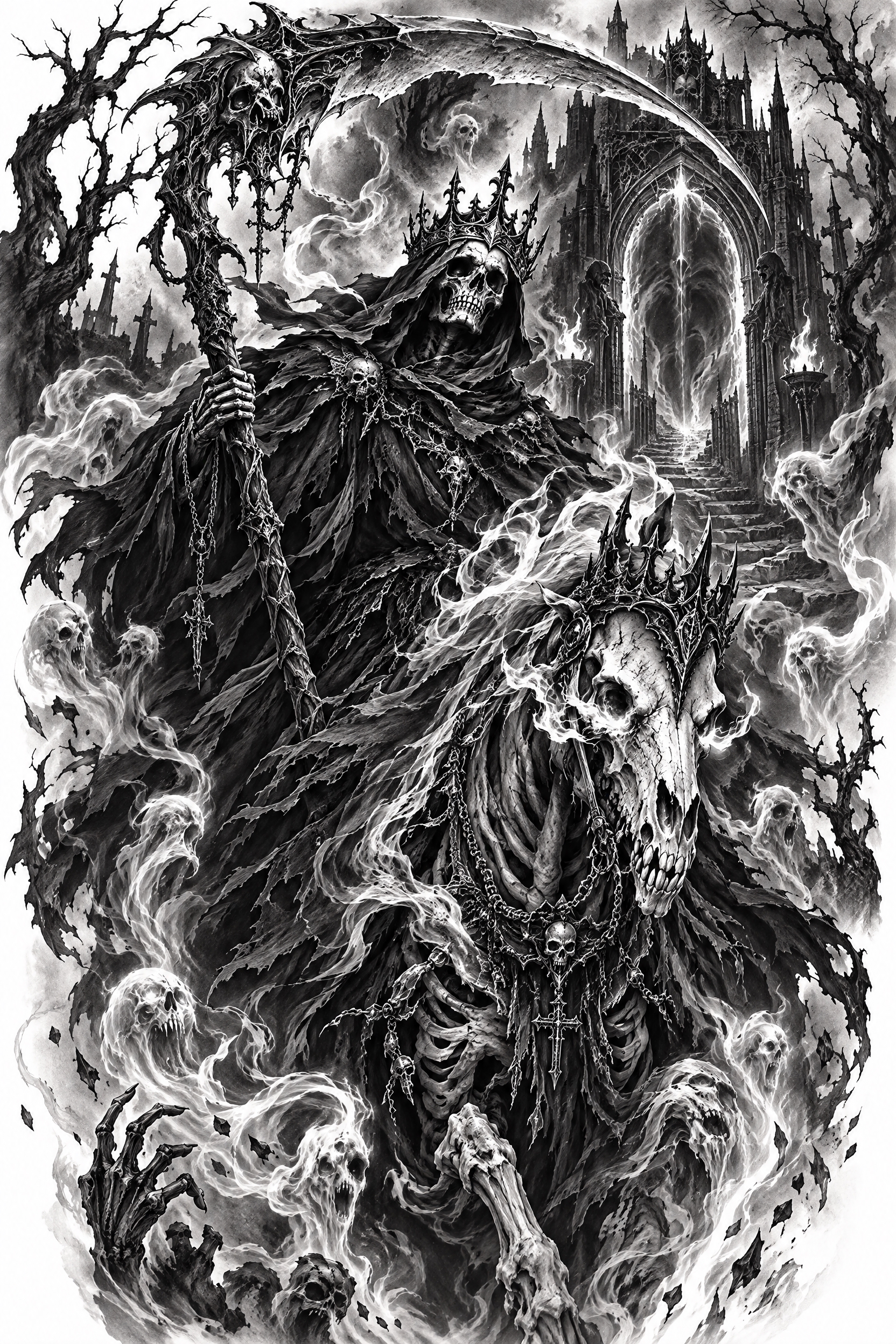 暗黑哥特纹身插画风格，黑白灰单色调，细腻写实素描质感，烟雾缭绕… - 图片创意预览