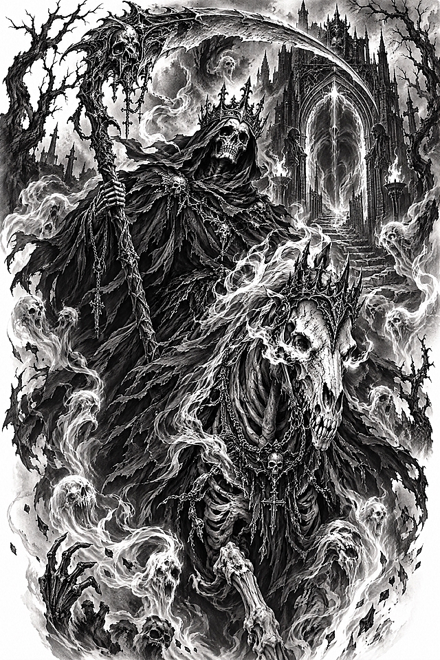 暗黑哥特纹身插画风格，黑白灰单色调，细腻写实素描质感，烟雾缭绕氛围感。画面内容：死神骷髅骑士，身披破旧斗篷，手持巨大镰刀，骷髅头戴王冠，身下是骷髅战马，周围飘散着亡灵火焰和破碎的灵魂，背景是冥界之门与枯树林，神秘华丽，线条精致，光影层次丰富，适合纹身图案设计