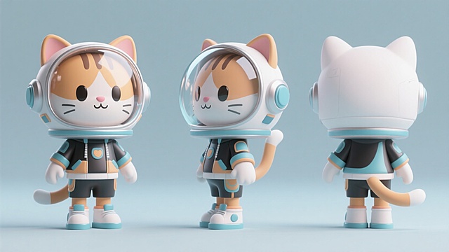 卡通潮玩，猫咪拟人，巨大的头，宇航员玻璃头罩，搞怪，可爱，时尚的服饰，纯色背景