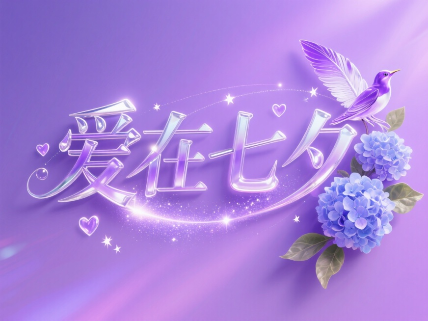 横向水晶文字"爱在七夕"。薰衣草紫渐变背景 + 水晶文字，喜鹊羽毛采用紫与银白渐变，花朵为半透明蓝紫绣球花簇加叶子围绕在右侧，文字笔画间流淌银河光带，点缀微型爱心星轨预览效果