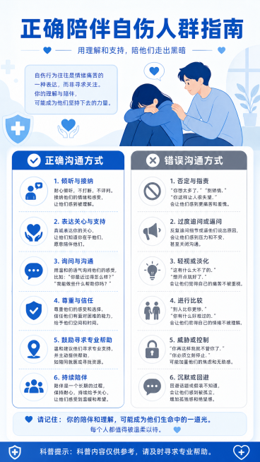 制作一张心理健康科普宣传海报，主题是陪伴自伤人群的正确沟通方式，简约医疗科普风格，蓝白配色，包含正确和错误沟通方式的内容，标题为"正确陪伴自伤人群指南"，底部标注科普提示：科普内容仅供参考，请及时寻求预览效果