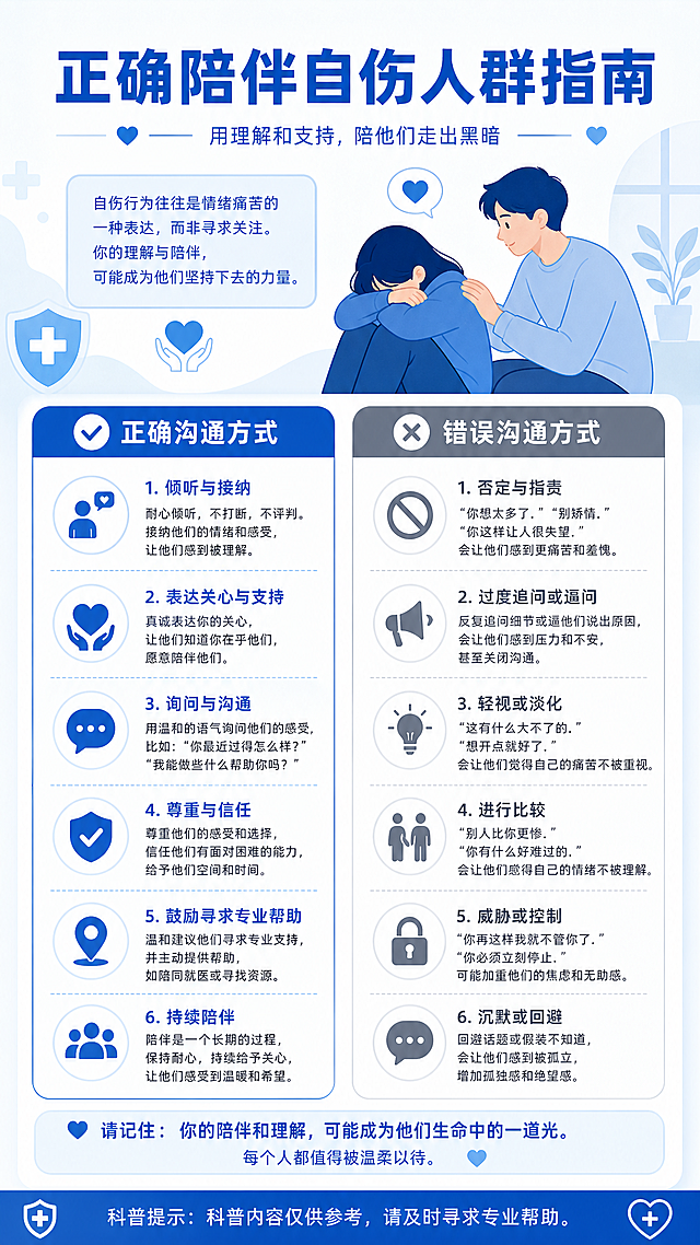 制作一张心理健康科普宣传海报，主题是陪伴自伤人群的正确沟通方式，简约医疗科普风格，蓝白配色，包含正确和错误沟通方式的内容，标题为"正确陪伴自伤人群指南"，底部标注科普提示：科普内容仅供参考，请及时寻求专业帮助。