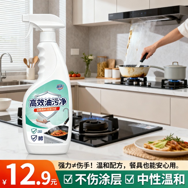 生成10张不同场景的油污净电商主图，价格“12.9元”，比例1:1，强力≠伤手！温和配方，餐具也能安心用。🛡️ 不伤涂层 🛡️ 中性温和预览效果