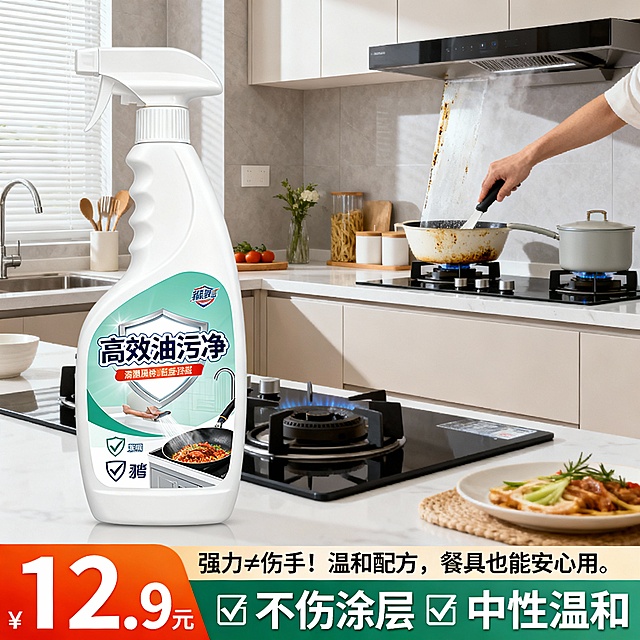 生成10张不同场景的油污净电商主图，价格“12.9元”，比例1:1，强力≠伤手！温和配方，餐具也能安心用。🛡️ 不伤涂层 🛡️ 中性温和