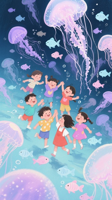 一堆小孩在嬉戏，四周大量的浅紫色、浅粉色和浅蓝色的小鱼和水母漂浮在空中，营造出一种梦幻和浪漫的氛围预览效果