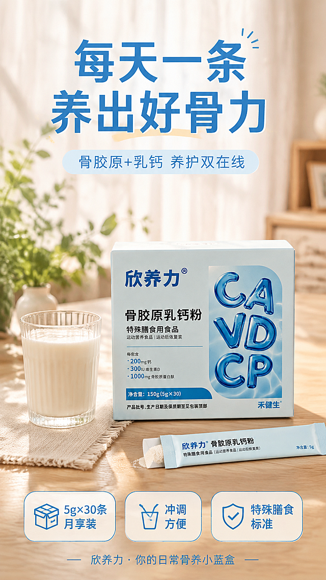朋友圈种草海报，竖版9:16，写实商业摄影风格，温馨日常养护风格，浅蓝米白暖调配色。画面中央偏下为欣养力骨胶原乳钙粉产品盒，旁边放一杯冲调好的乳白色饮品和一条撕开的独立小包装，产品盒100%还原上传商品图的外形、包装、LOGO、印刷文字、净含量，完整保留原图中的盒型、轮廓、结构、比例、标签版式、品牌logo、容量信息、材质质感、颜色与正面朝向，以上传图为唯一商品主体来源，设计仅作用于背景、光影、道具、版式和文字区。产品组合占画面约50%。背景为温馨居家场景虚化，有阳光透过窗帘的柔和光影，木质桌面，少量绿植点缀，营造温暖日常养护氛围。画面上方为大标题："每天一条 养出好骨力"，副标题："骨胶原+乳钙 养护双在线"。画面下方三个圆角卖点标签横向排列，分别写："5g×30条 月享装"、"冲调方便"、"特殊膳食标准"。最底部有品牌slogan小字："欣养力 · 你的日常骨养小蓝盒"。整体版式精美，居中对称构图，温暖治愈，文字清晰可读，四周留足安全边距。画面中所有信息区域必须填充完整合理的内容，不得出现空白框、空白占位。画面中所有数字必须精确渲染，不得错位、遗漏或编造。