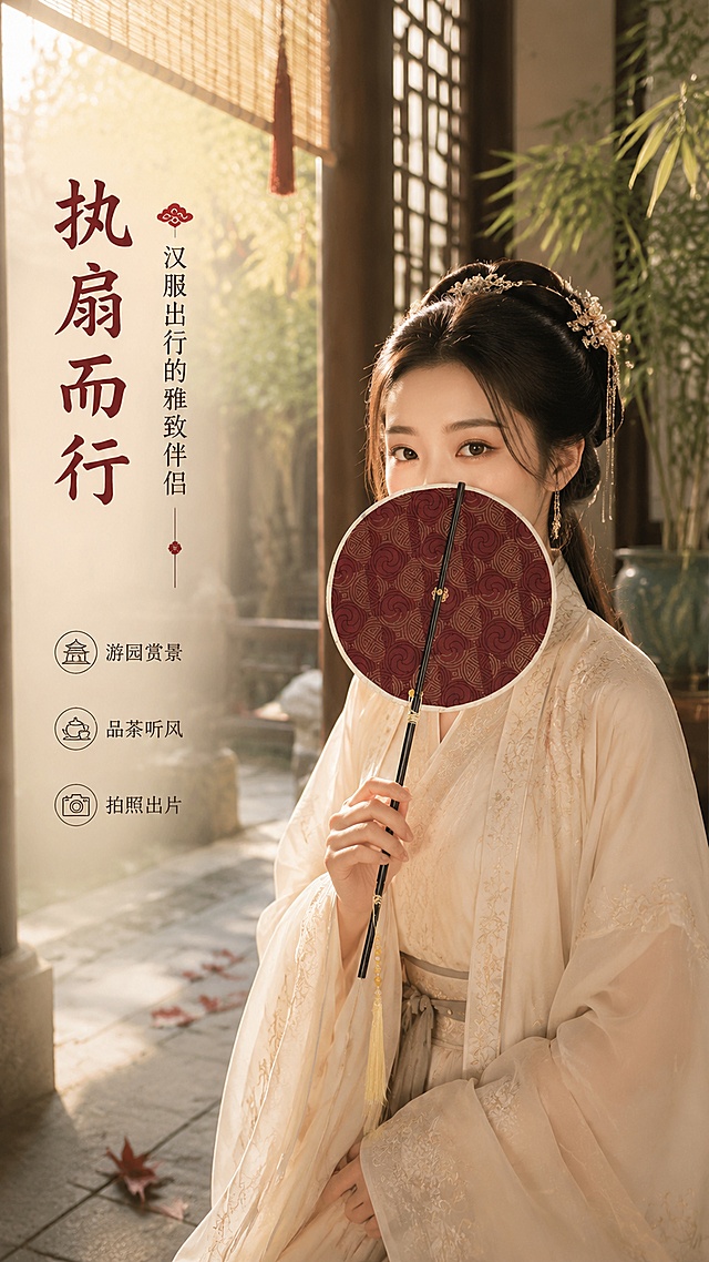 [第2屏] 场景种草-汉服穿搭手持腰扇古风场景。本屏使用【图1】作为商品主体，酒红色祥云纹腰扇由人物手持展示。
[氛围/风格] 古典雅致国风场景，汉服文化氛围，电影感光影，商业摄影质感。
[元素布局] 右侧一位身着浅米色汉服的东方女子半身出镜，手持腰扇轻掩面，扇面酒红祥云纹清晰展示；背景为中式园林回廊，木格窗棂、青石板地面、翠竹盆栽；左侧留白为文案区；地面散落几片红叶，窗边挂着竹帘；腰扇外观、颜色、结构、流苏与输入图完全一致。
[光影质感] 窗边自然光从左侧洒入，形成柔和侧光，人物发丝与扇面有自然光泽，阴影柔和，整体温暖静谧。
[配色色系] 全局底色 #EDE4D3 暖米色调；主色酒红、墨黑；辅助色竹青 #7BA05B、木色 #8B7355。
[视角构图] 平视微侧视角，中景构图，人物与扇为视觉中心，阅读动线左侧文案 → 人物持扇 → 背景园林。
[文字版式] 左侧竖排文案区，主标题「执扇而行」，副标题「汉服出行的雅致伴侣」，宋体书法字；下方三行短句「游园赏景」「品茶听风」「拍照出片」，配小图标；文字不遮挡人物与扇面。
[比例分辨率] 9:16 竖版比例，4K分辨率，文字清晰可辨，高清画质。
[负向提示词] 扇子变形，颜色偏差，人物面部模糊，水印，文字错乱，产品结构错误。